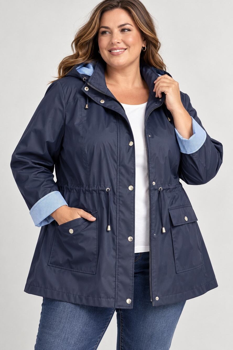 Jessica London Rain Jacket Women 22W Navy Hooded Plus Size Striped Lining